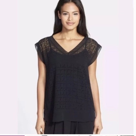 Eileen Fisher Black Sheer Laser Cut Recycled Polyester Chiffon Cap Sleeve - Picture 1 of 6